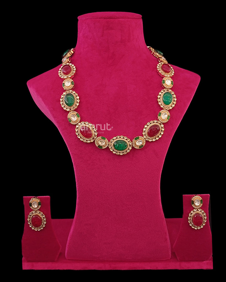 Green and Red Emerald Look Polki Necklace Set