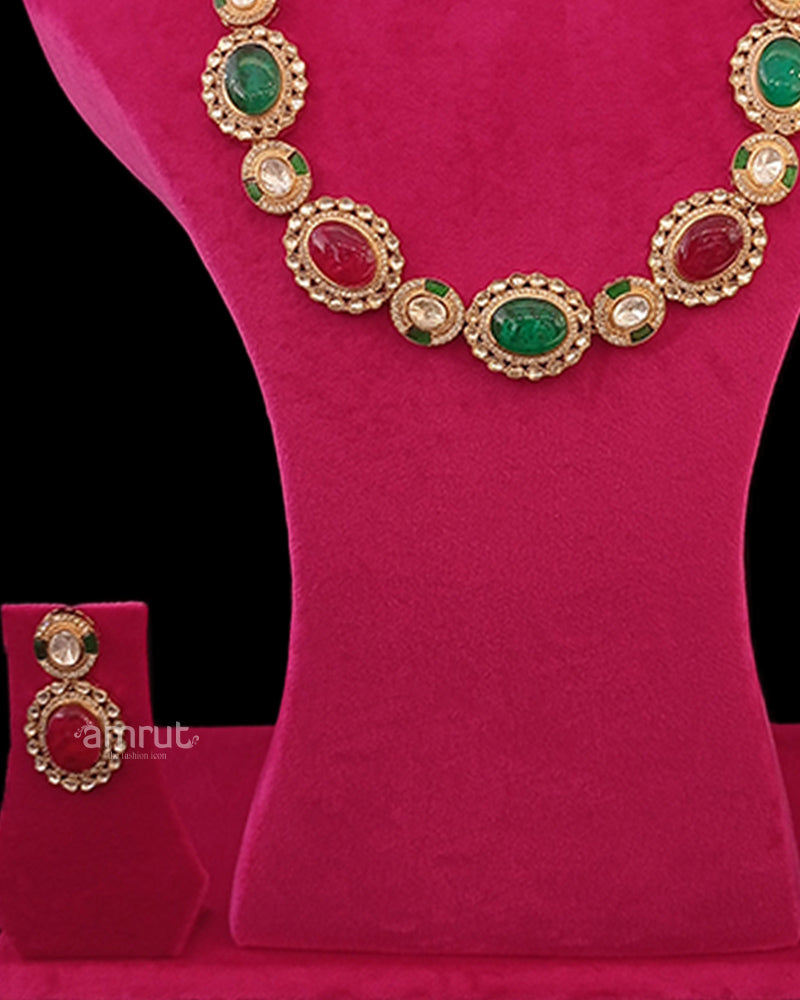 Green and Red Emerald Look Polki Necklace Set