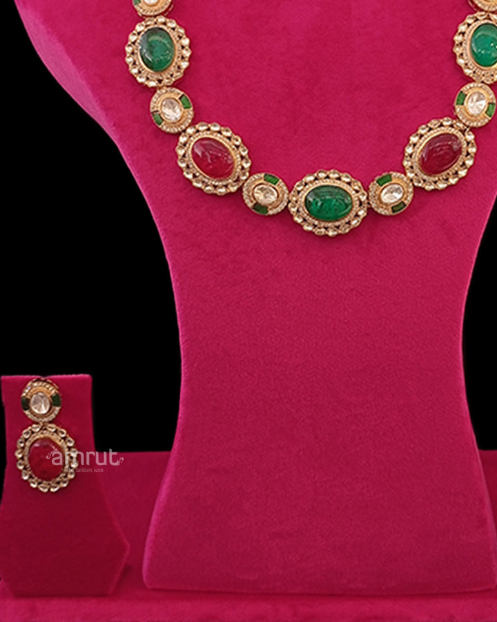 Green and Red Emerald Look Polki Necklace Set