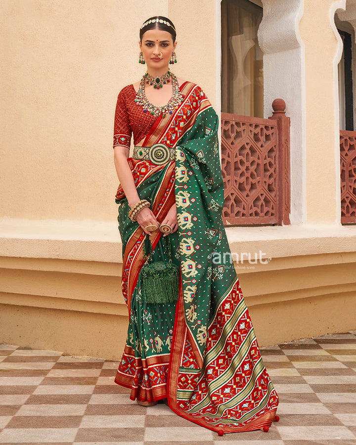 Green and Red Ethnic Printed Patola Silk Saree with Unstitched Blouse 01