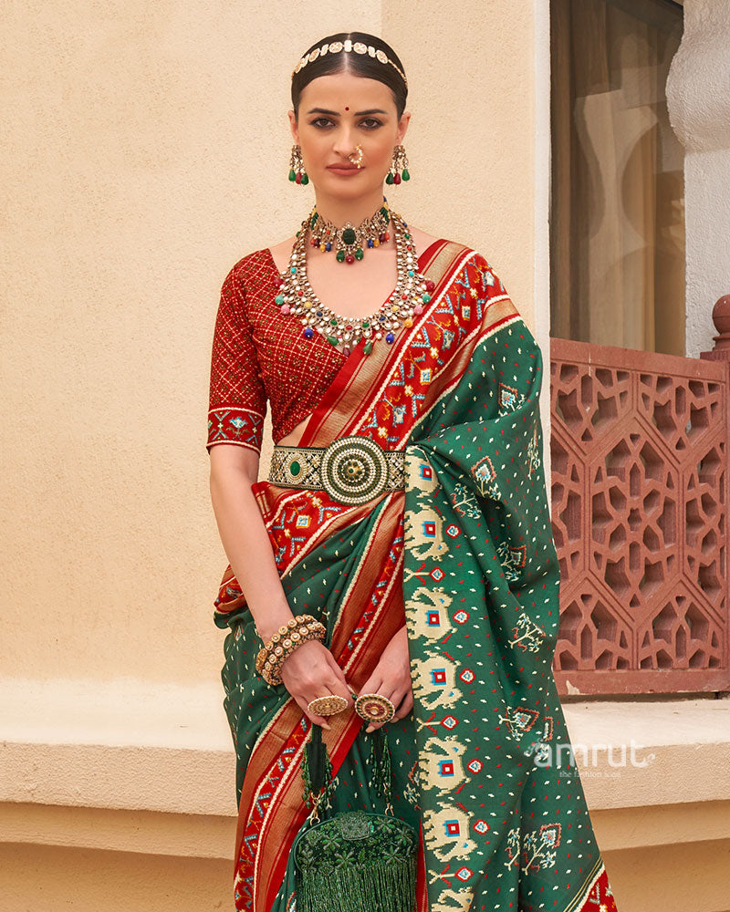 Green and Red Ethnic Printed Patola Silk Saree with Unstitched Blouse 02