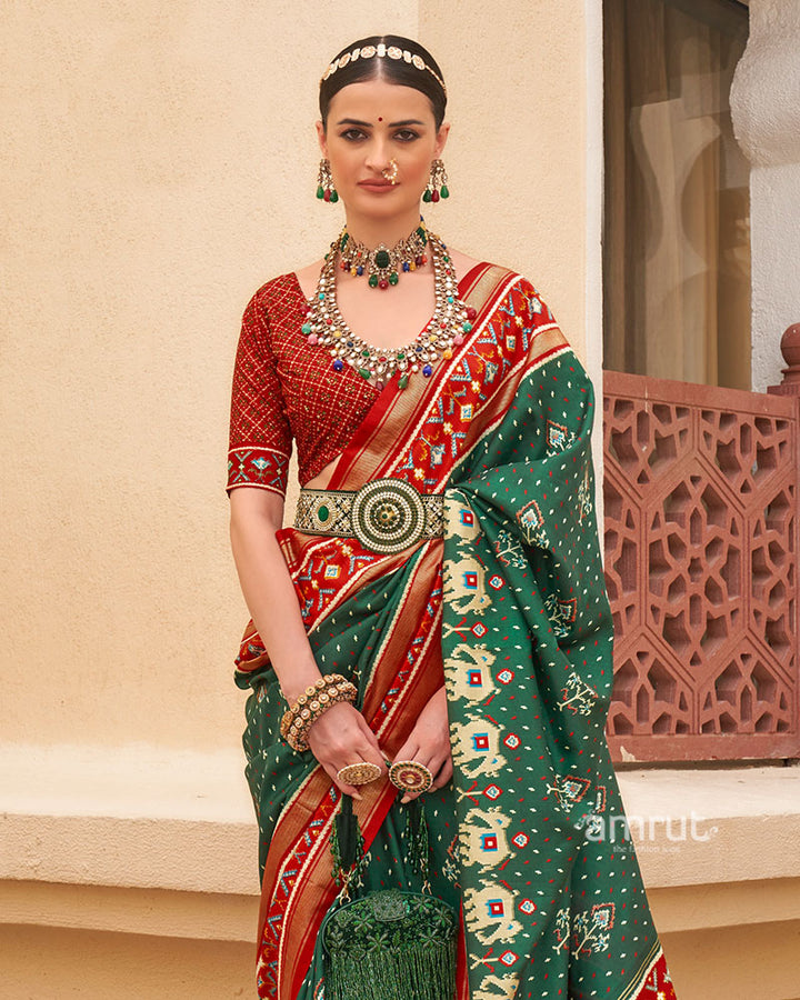 Green and Red Ethnic Printed Patola Silk Saree with Unstitched Blouse 02