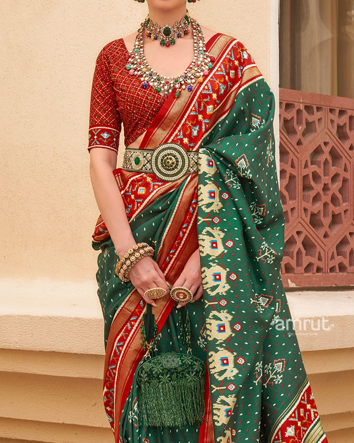 Green and Red Ethnic Printed Patola Silk Saree with Unstitched Blouse 03