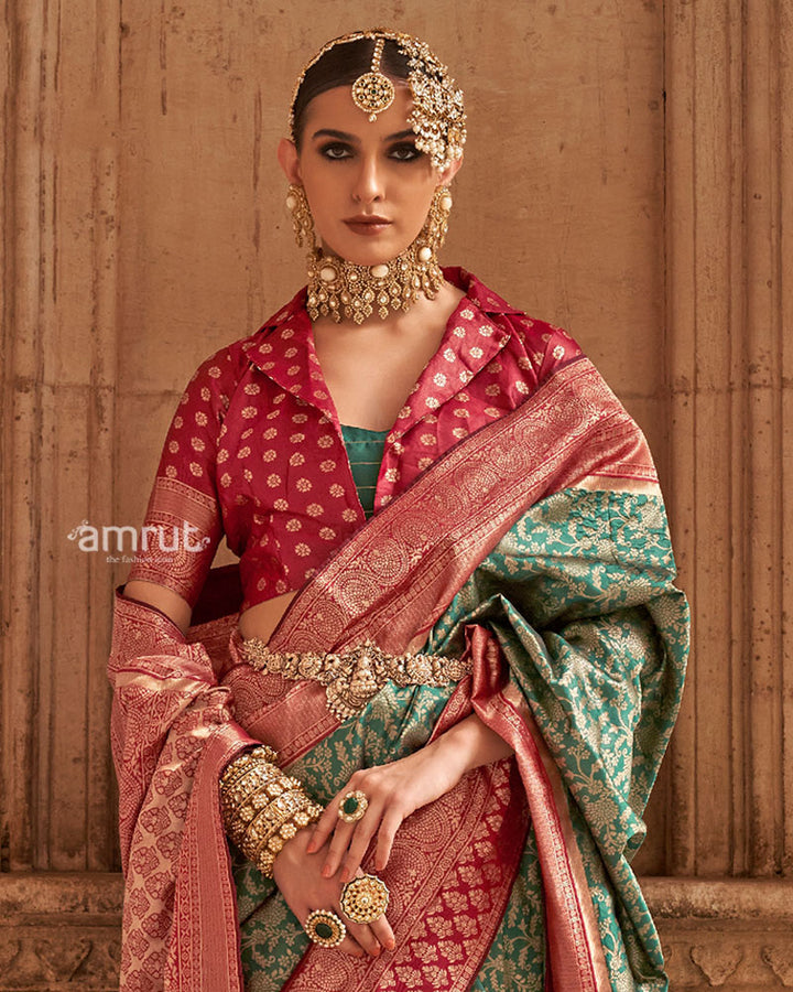 Green and Red Gold-Toned Ethnic Motifs Design Zari Silk Saree with Unstitched Blouse 02