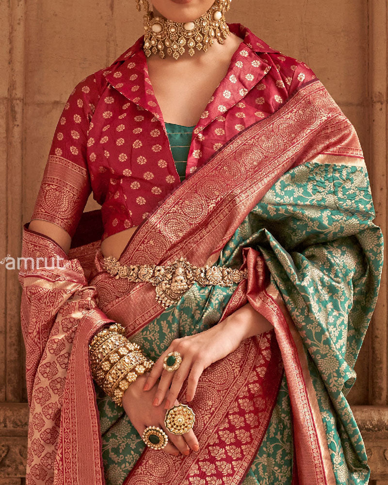 Green and Red Gold-Toned Ethnic Motifs Design Zari Silk Saree with Unstitched Blouse 03