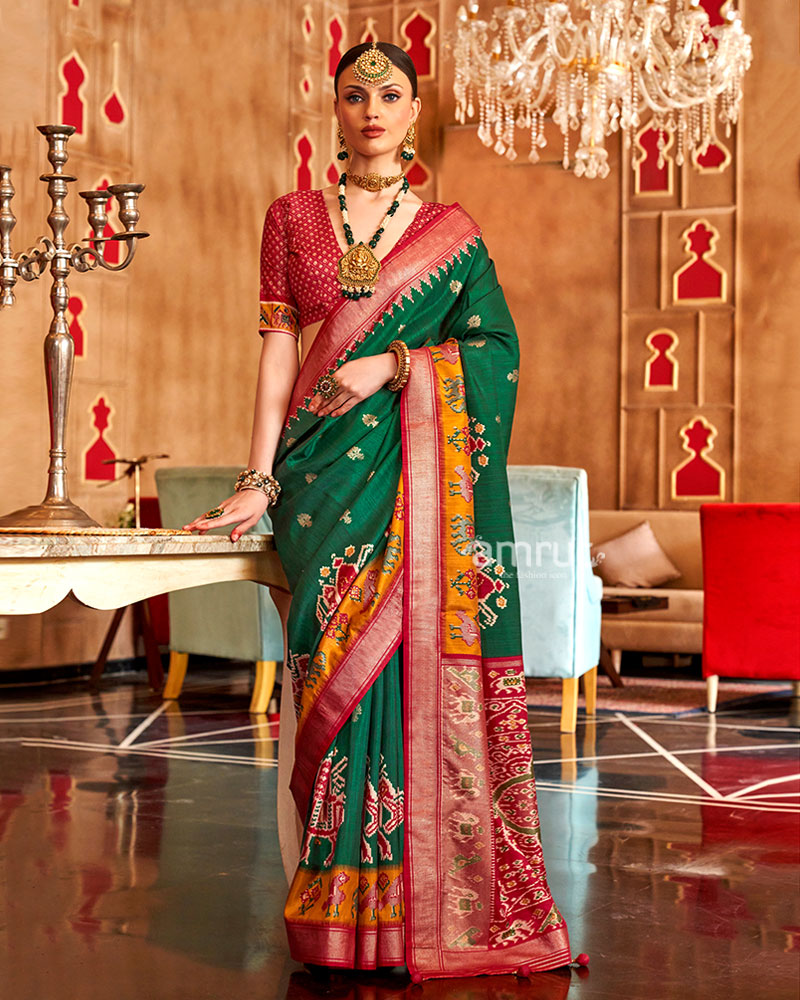 Green and Red Ikat Woven Border Silk Saree with Unstitched Blouse 01