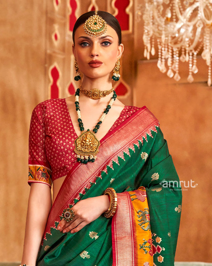 Green and Red Ikat Woven Border Silk Saree with Unstitched Blouse 02