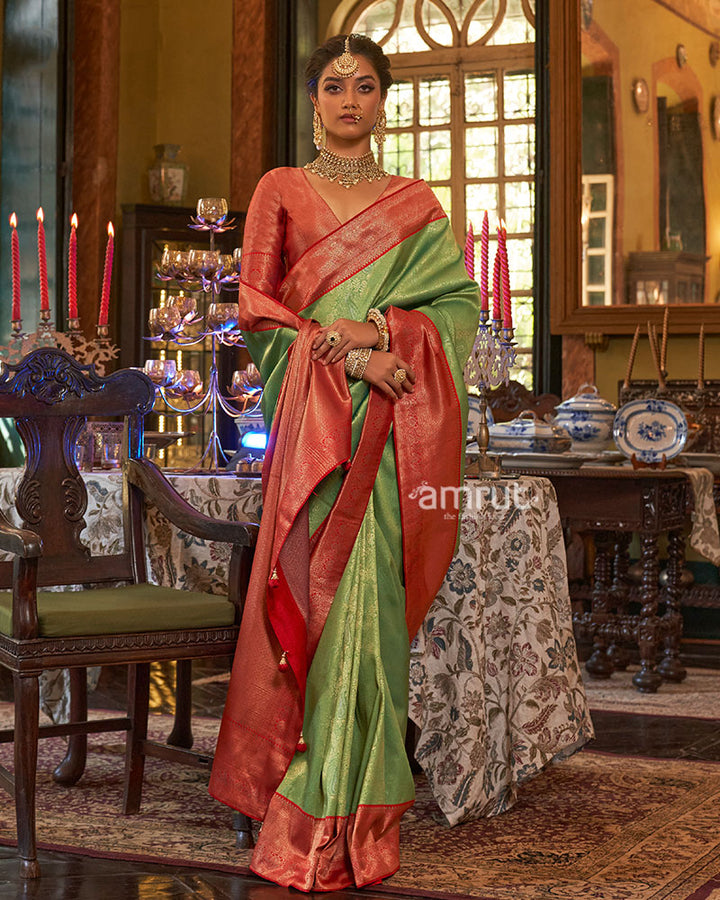 Green and Red Paisley Woven Border Kanjeevaram Silk Saree with Unstitched Blouse 01
