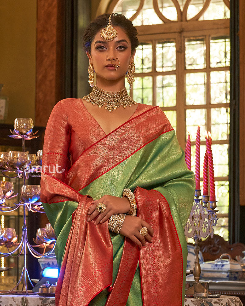 Green and Red Paisley Woven Border Kanjeevaram Silk Saree with Unstitched Blouse 02