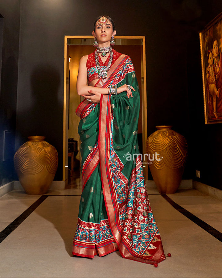 Green and Red Printed Border Traditional Saree with Unstitched Blouse 01