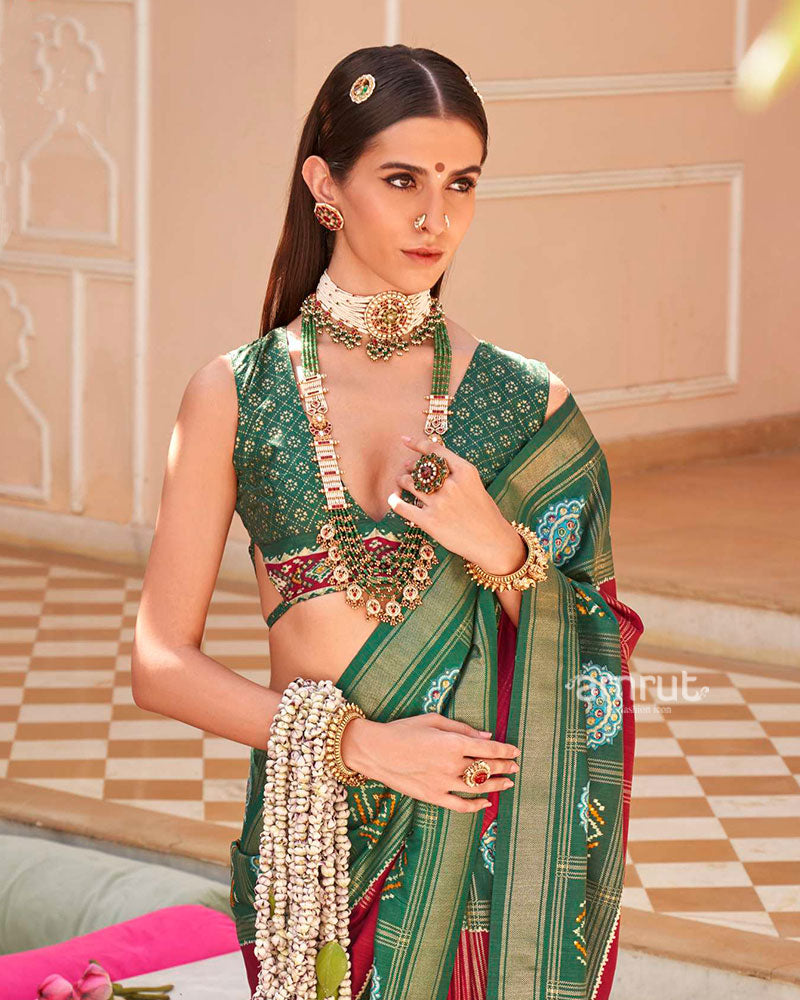 Green and Red Printed Patola Silk Saree with Unstitched Blouse  02