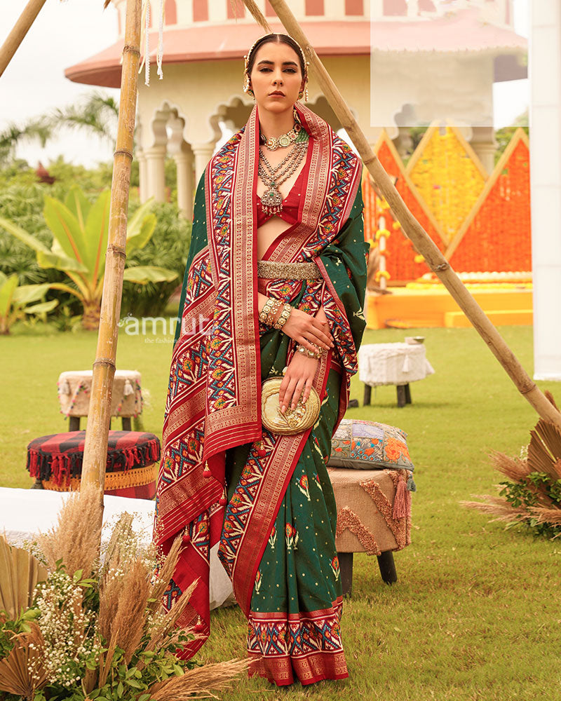 Green and Red Printed Patola Silk Saree with Zari Border and Unstitched Blouse 01