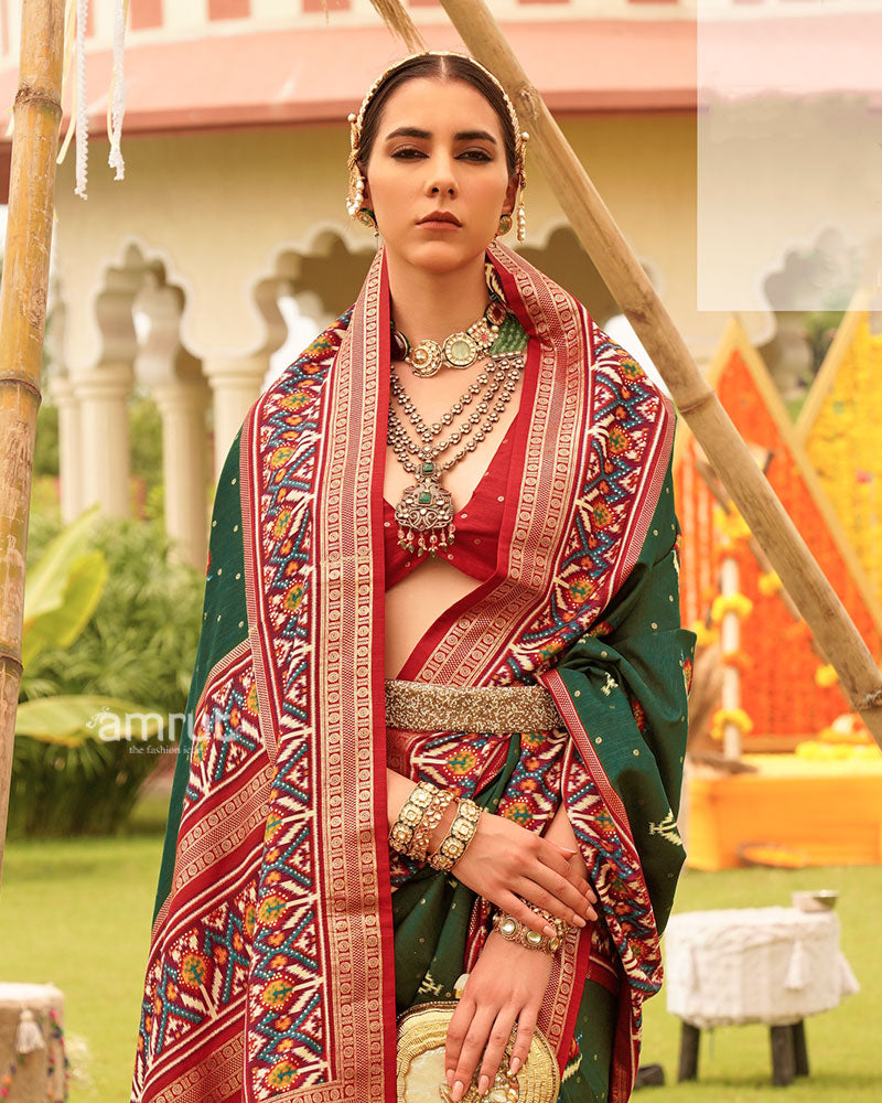 Green and Red Printed Patola Silk Saree with Zari Border and Unstitched Blouse 02