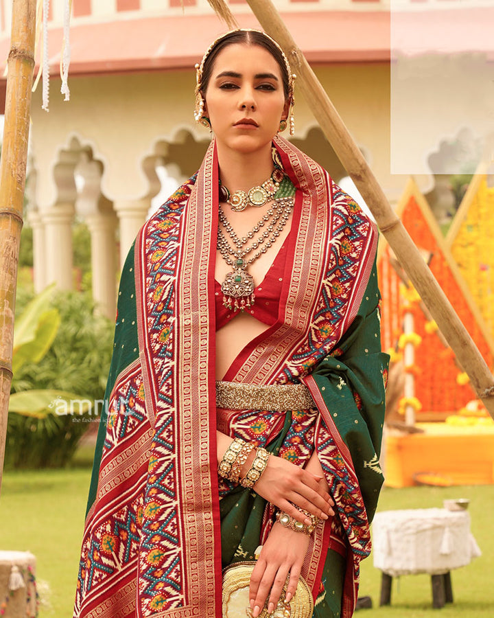 Green and Red Printed Patola Silk Saree with Zari Border and Unstitched Blouse 02