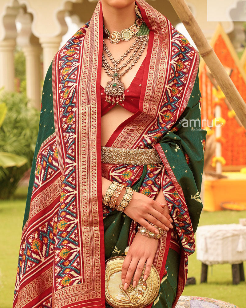 Green and Red Printed Patola Silk Saree with Zari Border and Unstitched Blouse 03