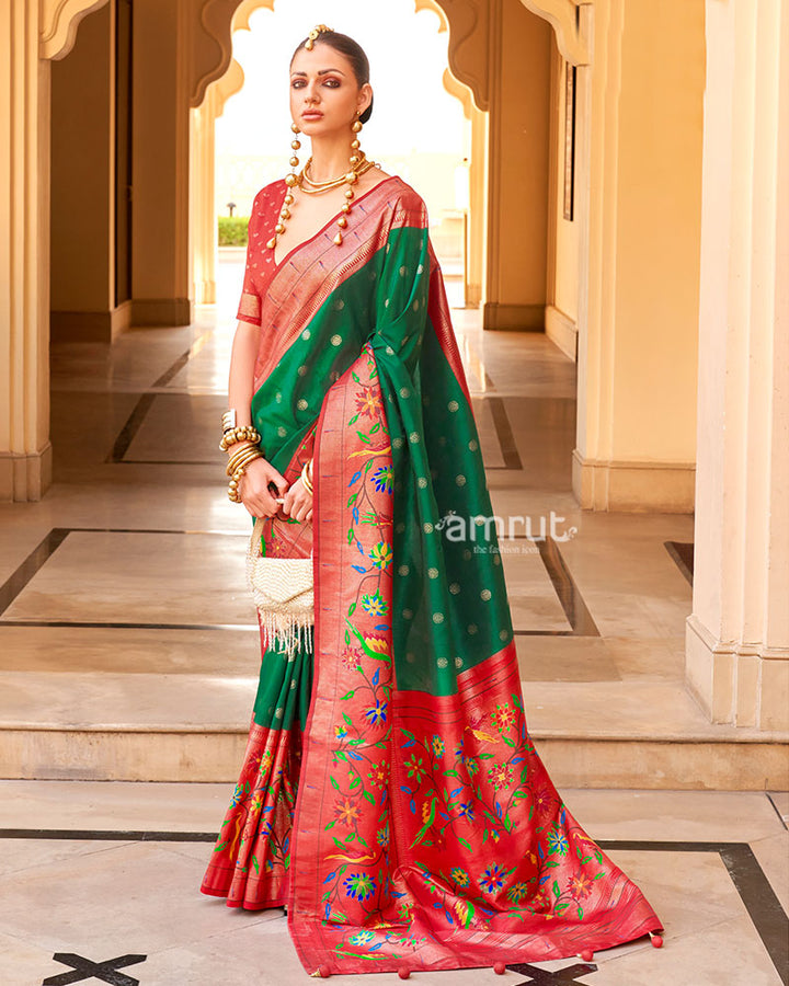 Green and Red contrast Border Zari weaving Paithani Silk Saree with Unstitched Blouse 01