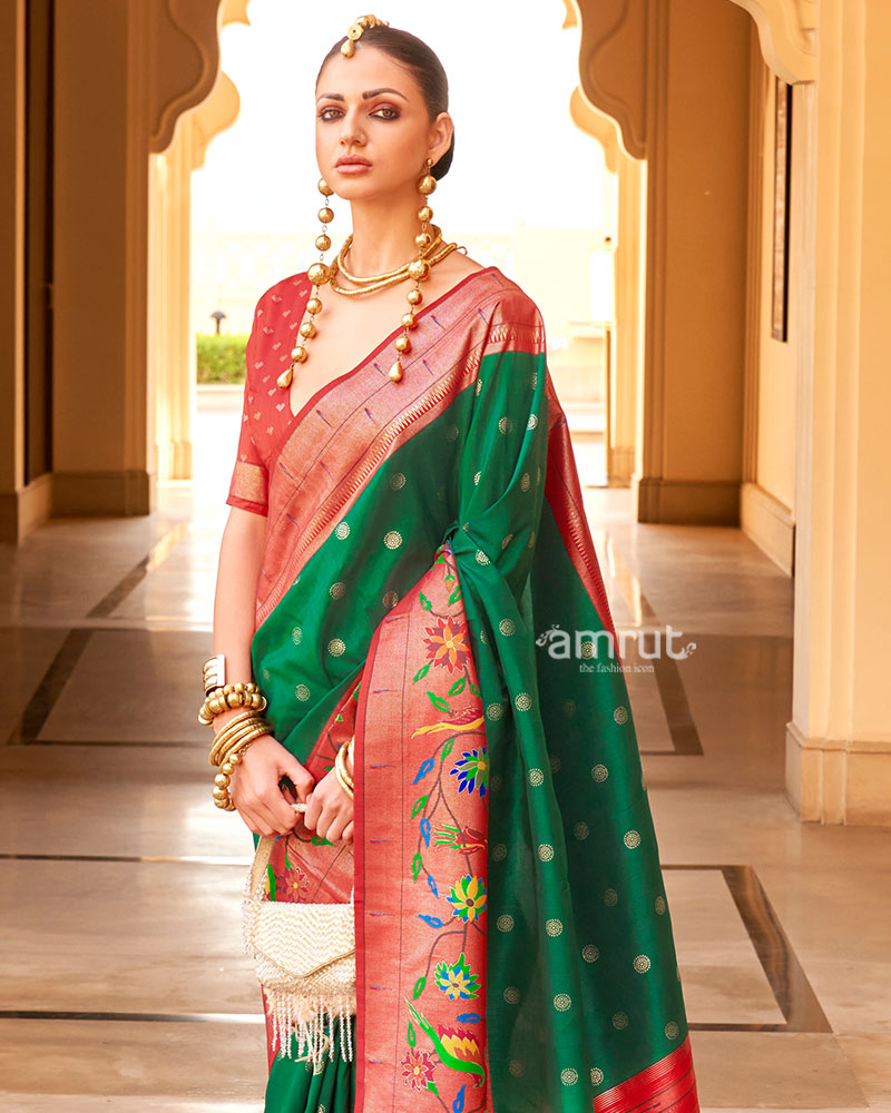 Green and Red contrast Border Zari weaving Paithani Silk Saree with Unstitched Blouse 02