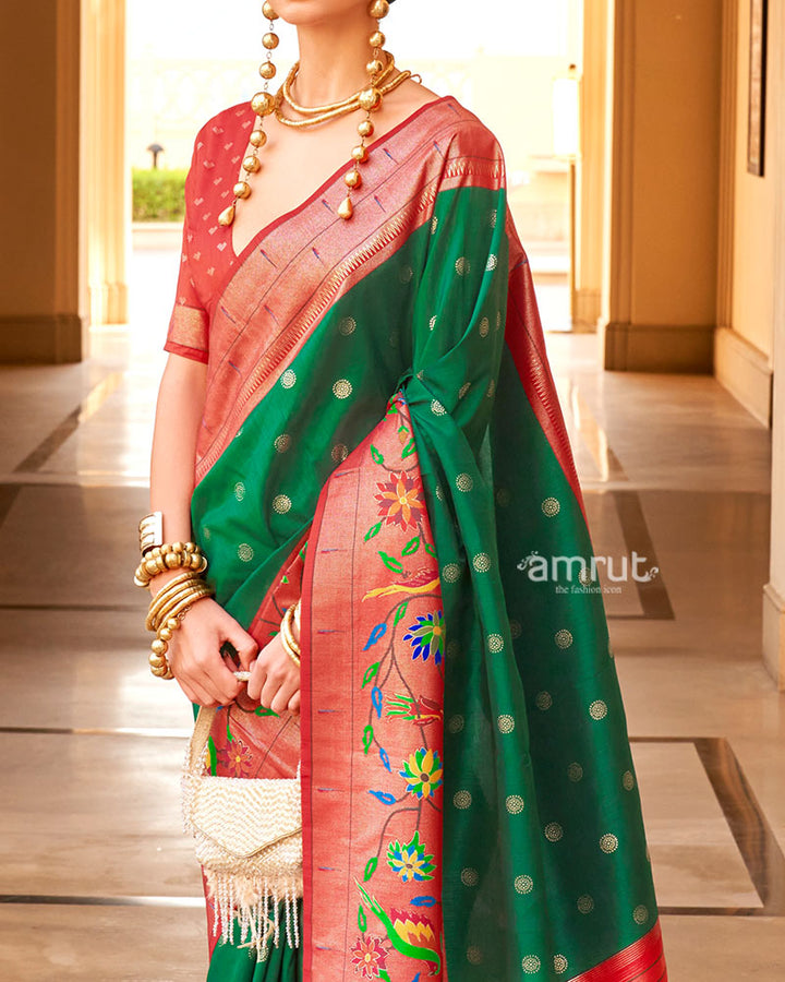 Green and Red contrast Border Zari weaving Paithani Silk Saree with Unstitched Blouse 03