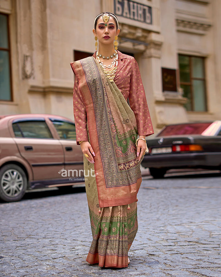 Green and Rust Woven Silk Saree with Multicolor Border and Unstitched Blouse 01