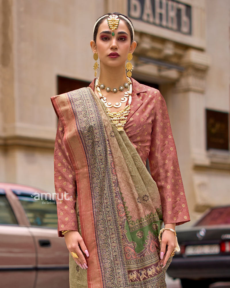 Green and Rust Woven Silk Saree with Multicolor Border and Unstitched Blouse 02
