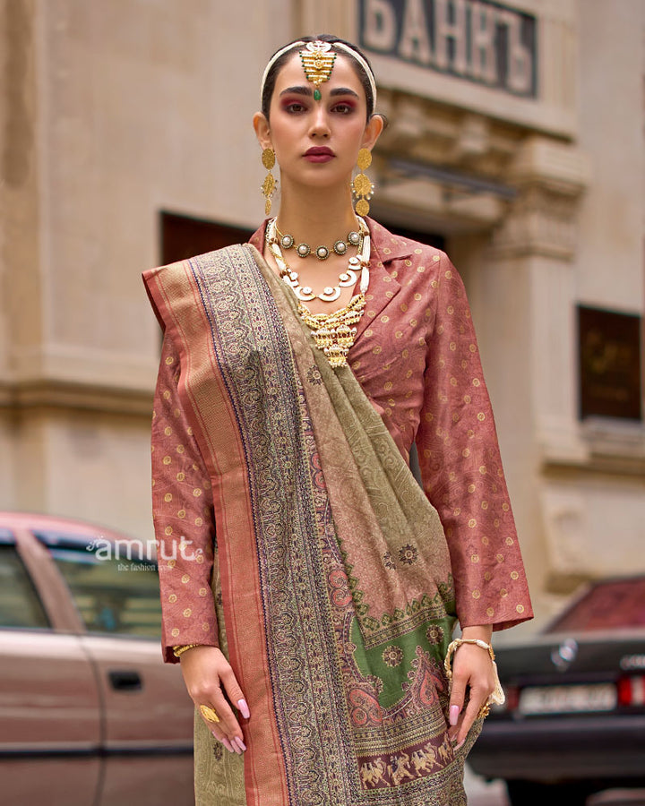 Green and Rust Woven Silk Saree with Multicolor Border and Unstitched Blouse 02