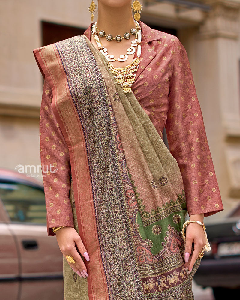 Green and Rust Woven Silk Saree with Multicolor Border and Unstitched Blouse 03