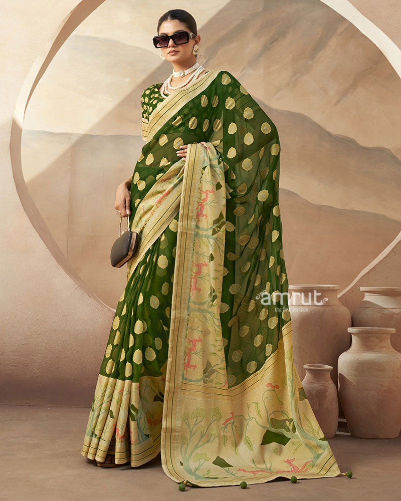 Green with Golden Polka Dots Nature Inspired Print Border Georgette Saree and Unstitched Blouse 01