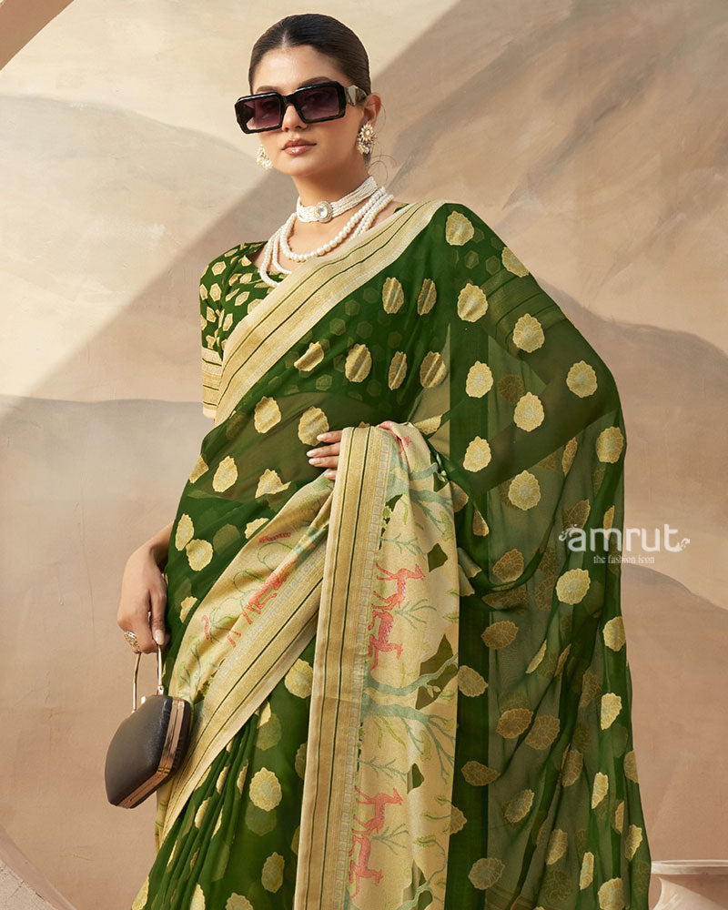 Green with Golden Polka Dots Nature Inspired Print Border Georgette Saree and Unstitched Blouse 02