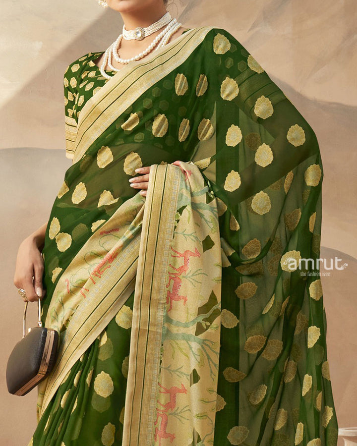Green with Golden Polka Dots Nature Inspired Print Border Georgette Saree and Unstitched Blouse 03