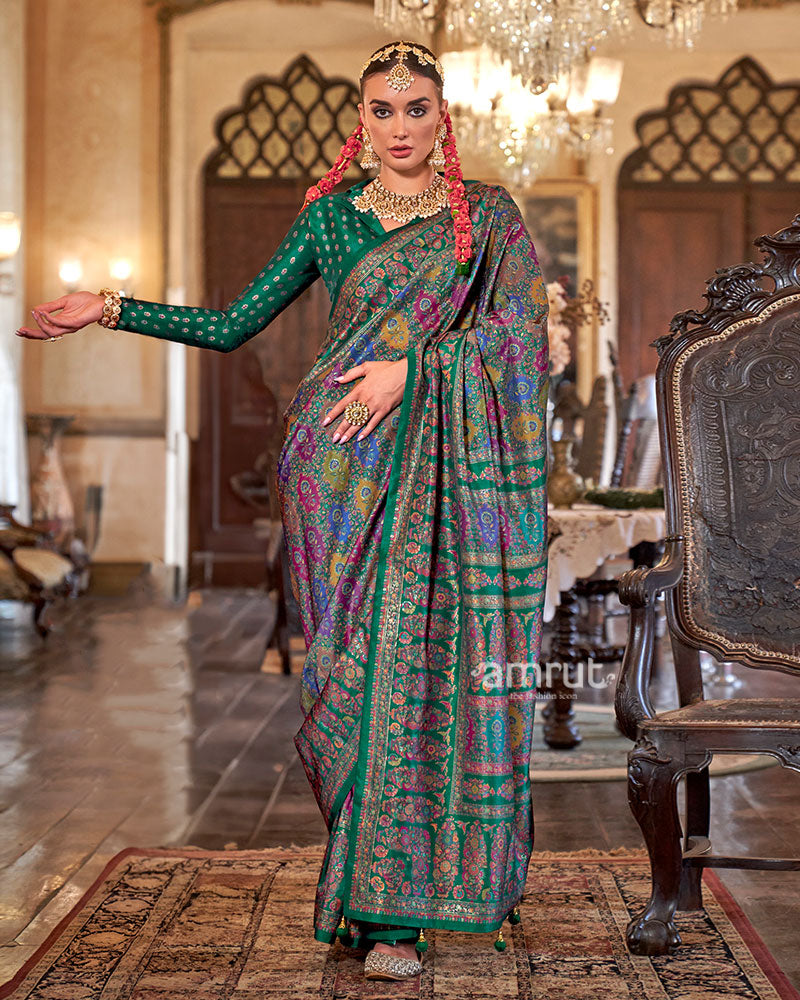 Green with Multicolored Printed Saree and Unstitched Blouse 01
