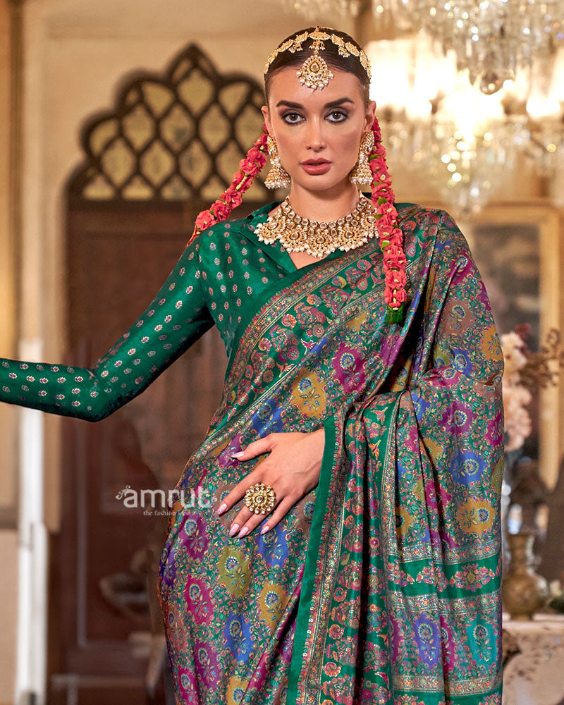 Green with Multicolored Printed Saree and Unstitched Blouse 02