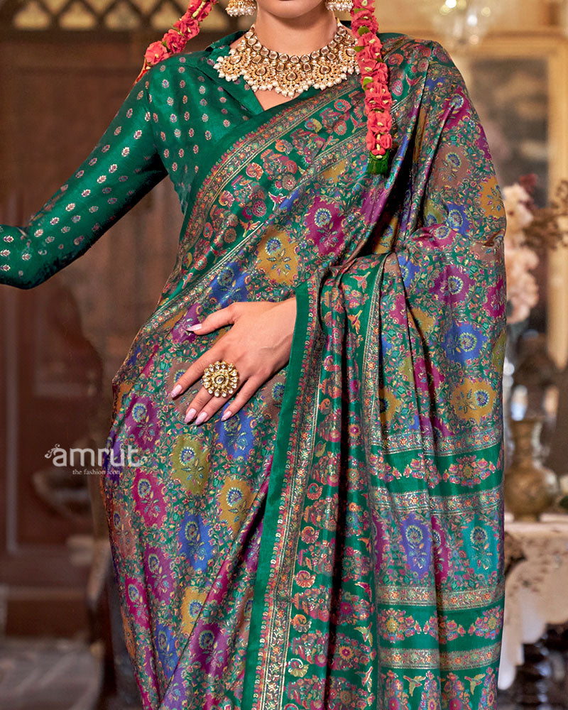Green with Multicolored Printed Saree and Unstitched Blouse 03