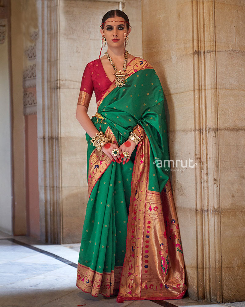 Green with Red Zari Border Paithani Silk Saree and Unstitched Blouse 01