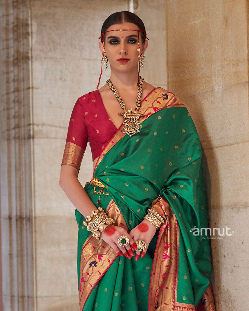 Green with Red Zari Border Paithani Silk Saree and Unstitched Blouse 02