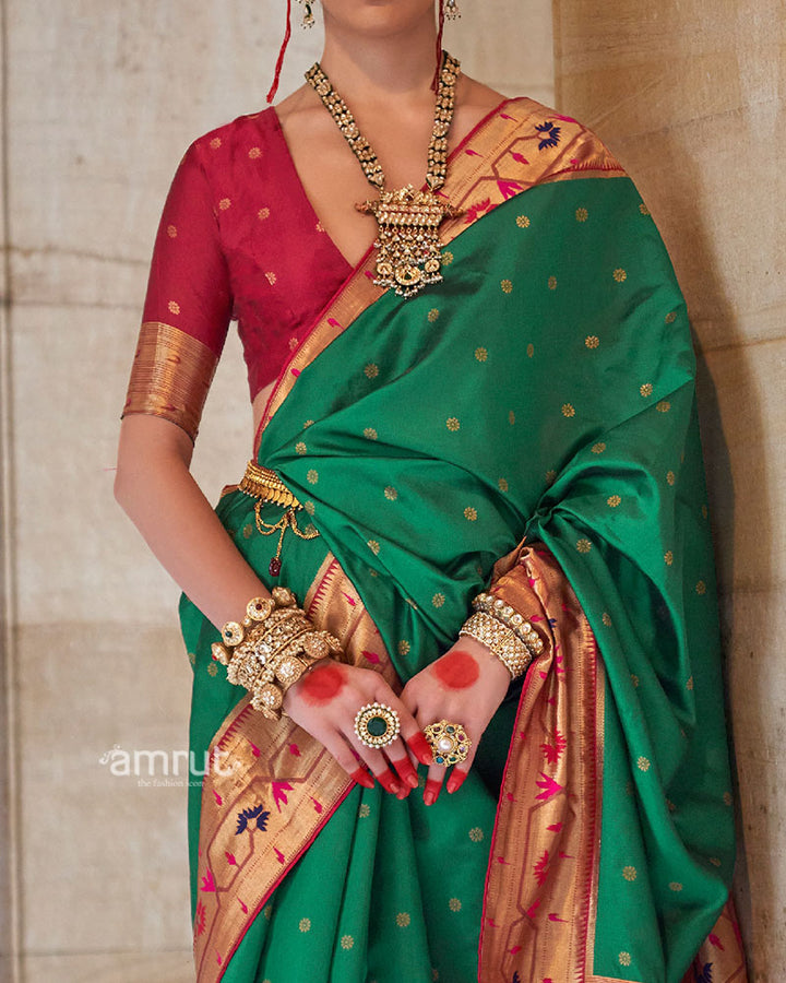 Green with Red Zari Border Paithani Silk Saree and Unstitched Blouse 03