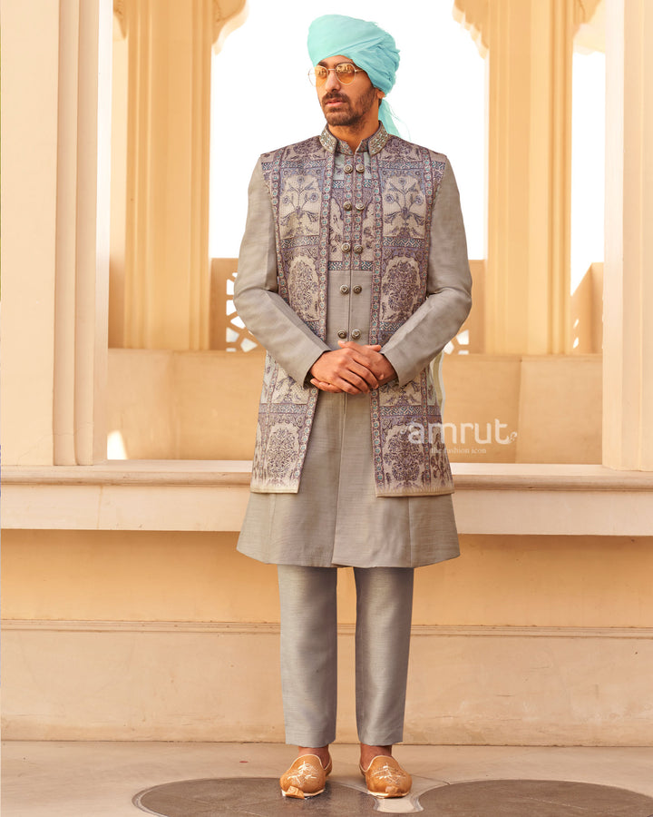 Grey Anarkali Dress and Men Blue Kurta Set with Printed Coat