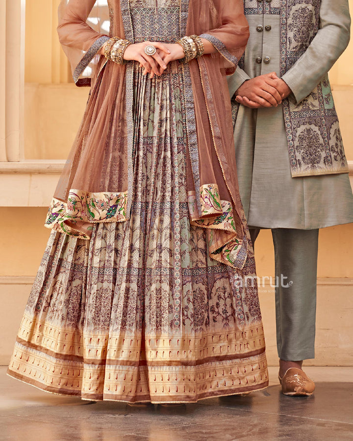 Grey Anarkali Dress and Men Blue Kurta Set with Printed Coat