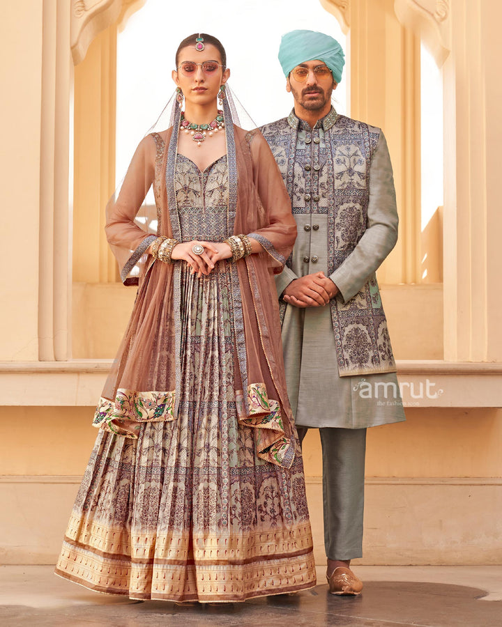 Grey Anarkali Dress and Men Blue Kurta Set with Printed Coat