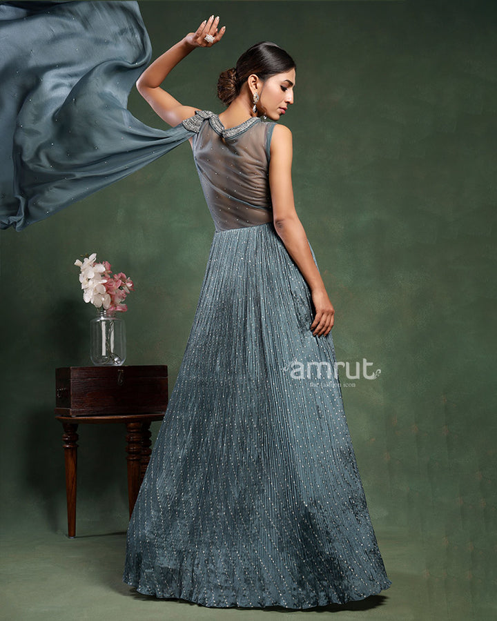 Grey Embroidered Party Gown in Crushed Shimmer