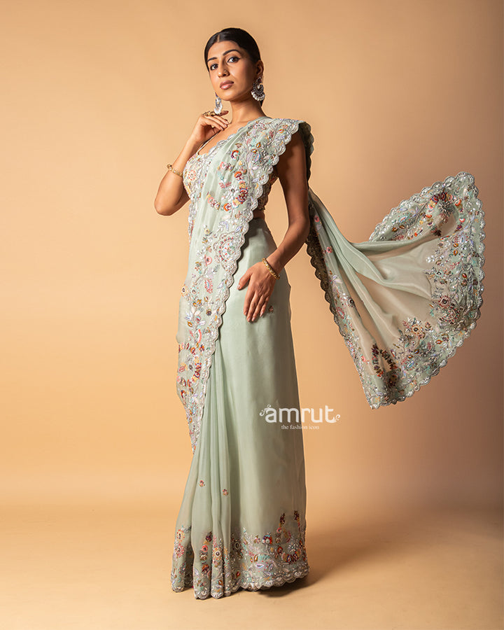 Mint Green Floral Hand Embroidered Organza Saree With Stitched Blouse