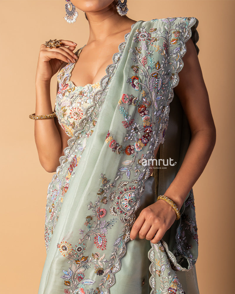 Mint Green Floral Hand Embroidered Organza Saree With Stitched Blouse