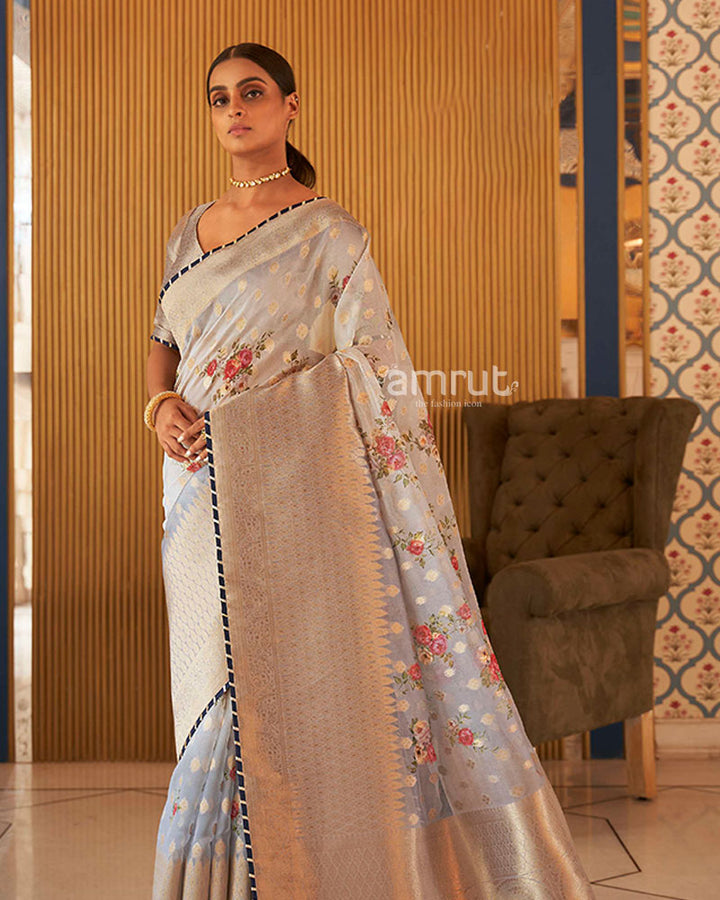 Grey Floral Organza Saree with Unstitched Blouse