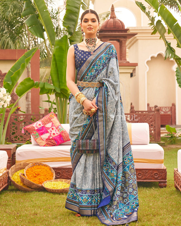 Grey Floral Printed Saree With Contrast Ikat Weave Printed Border