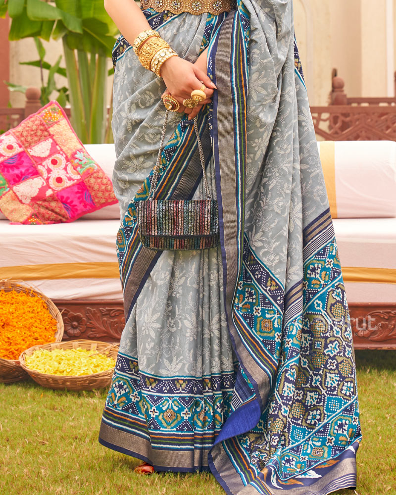 Grey Floral Printed Saree With Contrast Ikat Weave Printed Border