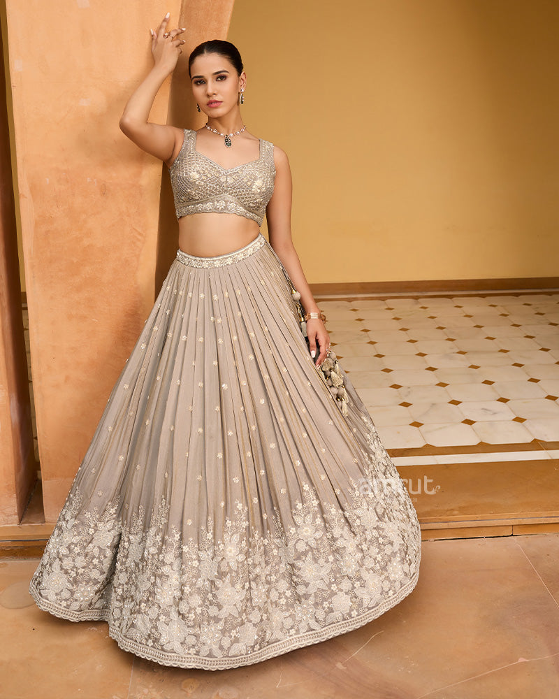 Grey Hand Embellished Lehenga with Blouse and Dupatta