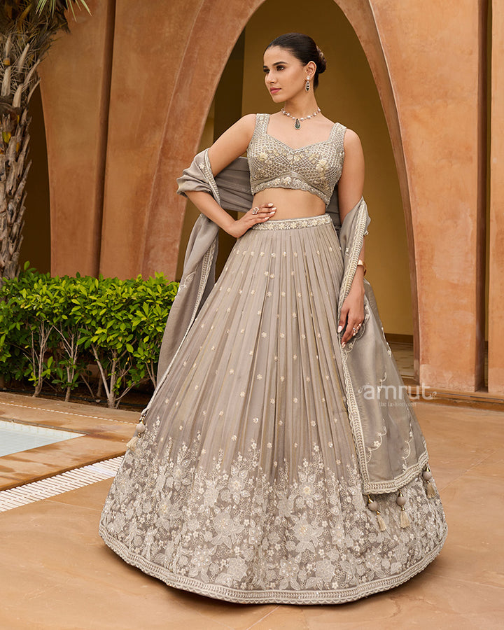 Grey Hand Embellished Lehenga with Blouse and Dupatta