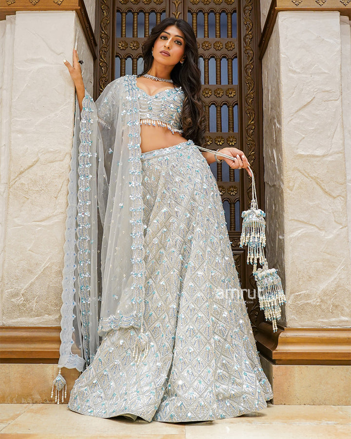 Grey Pearls and Sequins Embroidered Lehenga Set With Dupatta