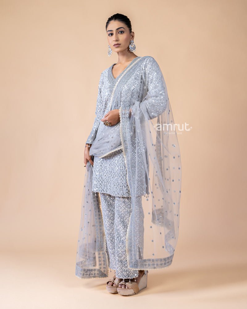 Grey Salwar Kurta with Sequins Work and Net Dupatta