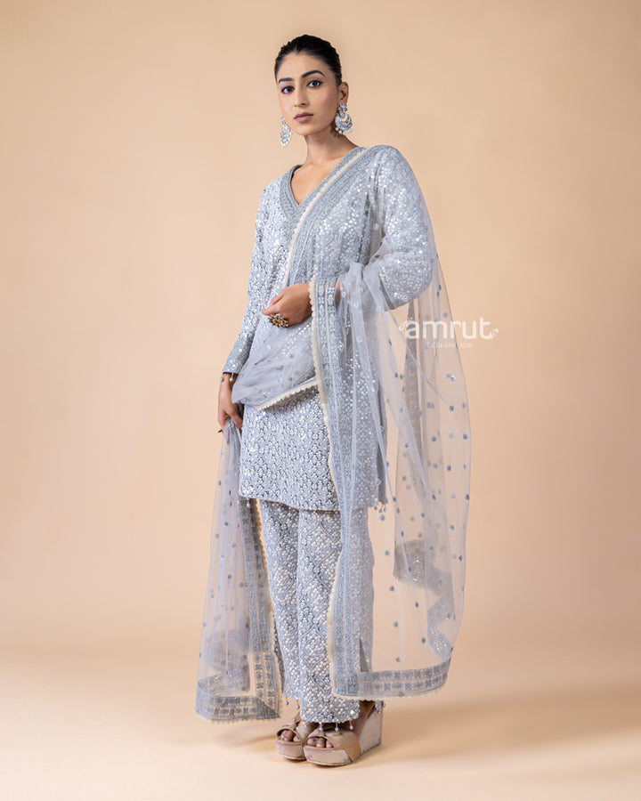 Grey Salwar Kurta with Sequins Work and Net Dupatta