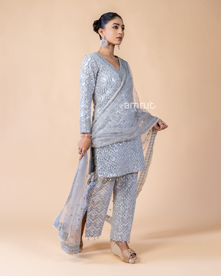 Grey Salwar Kurta with Sequins Work and Net Dupatta